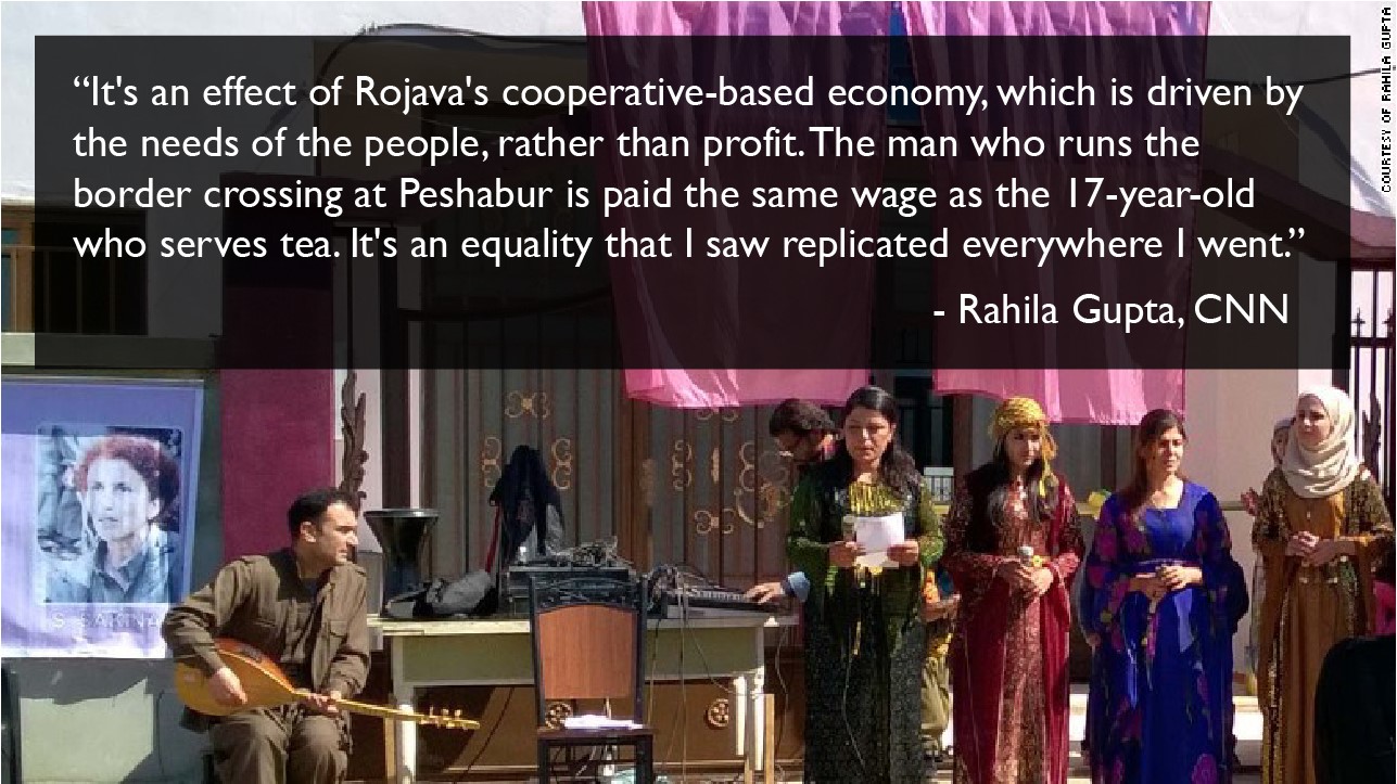 graphic showing a picture of people from Rojava paired with description about their society